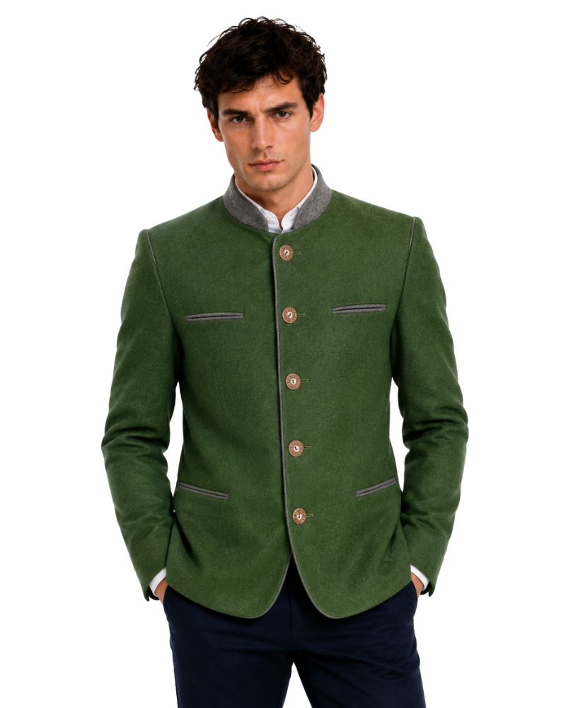 Man wearing a green jacket with buttons on a white background