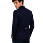 Man wearing a navy blue suit jacket on a white background