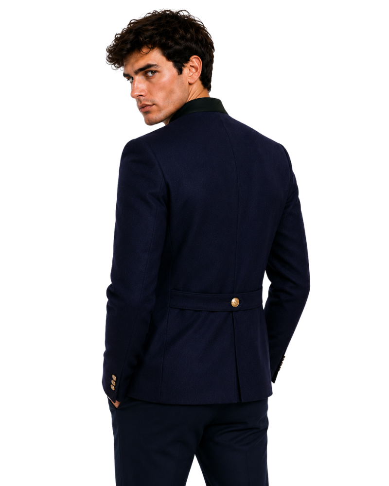 Man wearing a navy blue suit jacket on a white background