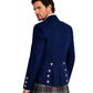 Man wearing a blue jacket and plaid kilt on a white background