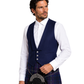 Man wearing a navy vest and plaid kilt on a white background