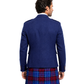 Man wearing a blue jacket and red plaid kilt on a white background