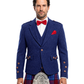 Man wearing a blue jacket, red bow tie, and plaid kilt on a white background