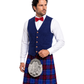 Man wearing a blue vest, white shirt, red bow tie, and tartan kilt on a white background