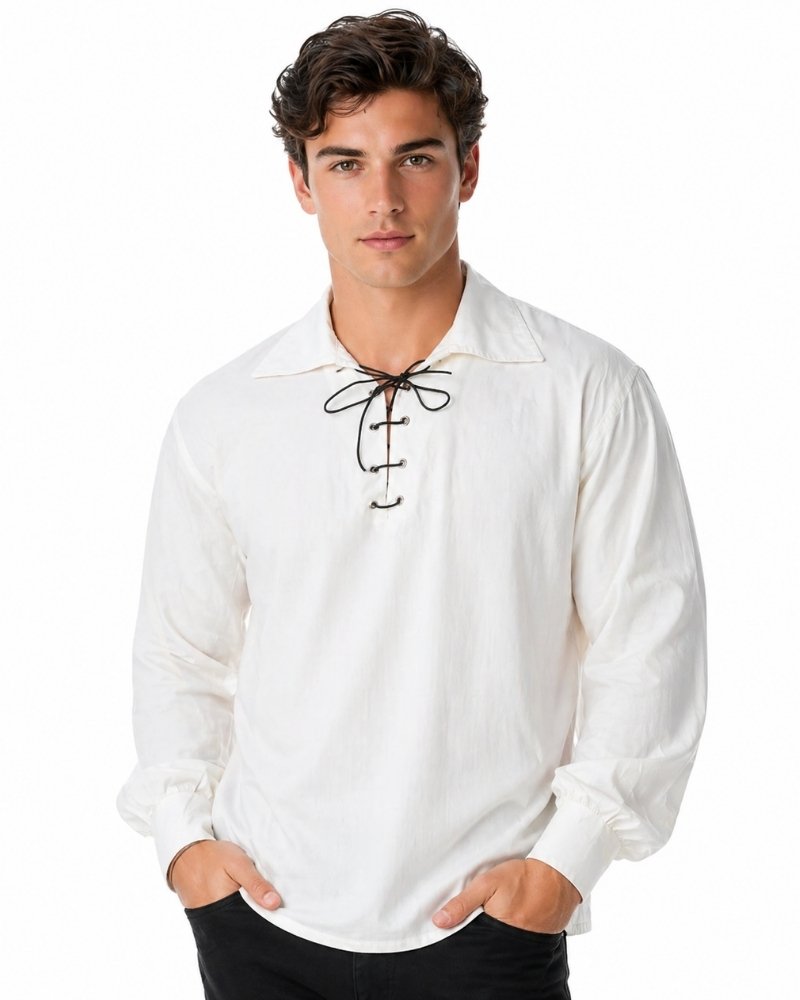 Man wearing a white long-sleeve shirt with lace-up front design on a white background