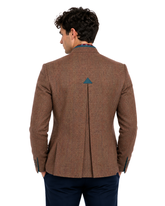 Brown blazer with a blue triangle detail on a white background