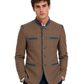 Man wearing a brown blazer with blue accents on a white background