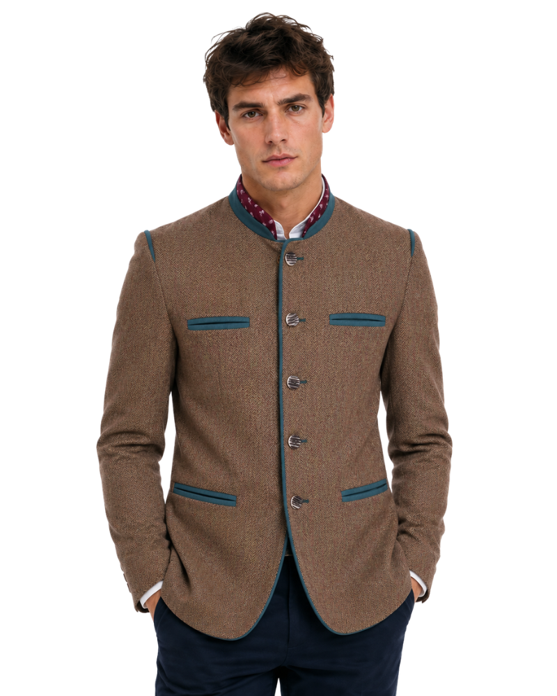 Man wearing a brown blazer with blue accents on a white background