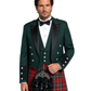 Man wearing a green jacket with black lapels and a red tartan kilt on a white background