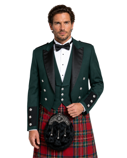 Man wearing a green jacket with black lapels and a red tartan kilt on a white background