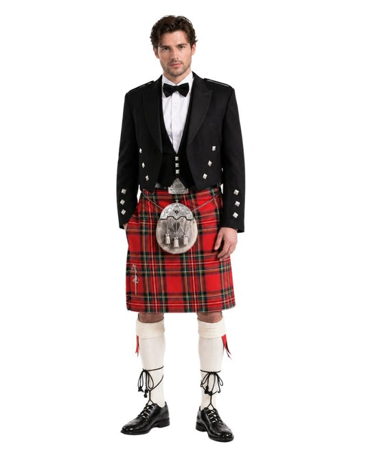 Man wearing a traditional Scottish kilt with a white background