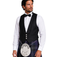 Man wearing a black vest, white shirt, and plaid kilt on a white background