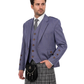 Man wearing a traditional Scottish outfit with a purple jacket, vest, and gray plaid kilt on a white background.