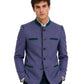 Man wearing a purple blazer with green accents on a white background