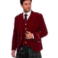 Man wearing red blazer with plaid kilt on a white background
