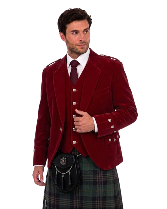 Man wearing red blazer with plaid kilt on a white background