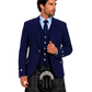 Man wearing a Royal Blue Argyle Jacket with vest along with grey and black plaid kilt against white background.