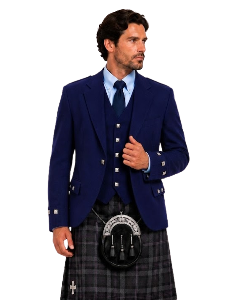 Man wearing a Royal Blue Argyle Jacket with vest along with grey and black plaid kilt against white background.