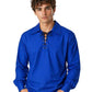 Man wearing a blue long-sleeve shirt with lace-up collar on a white background