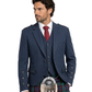 Man wearing a blue Highland jacket with a red tie and tartan kilt on a white background
