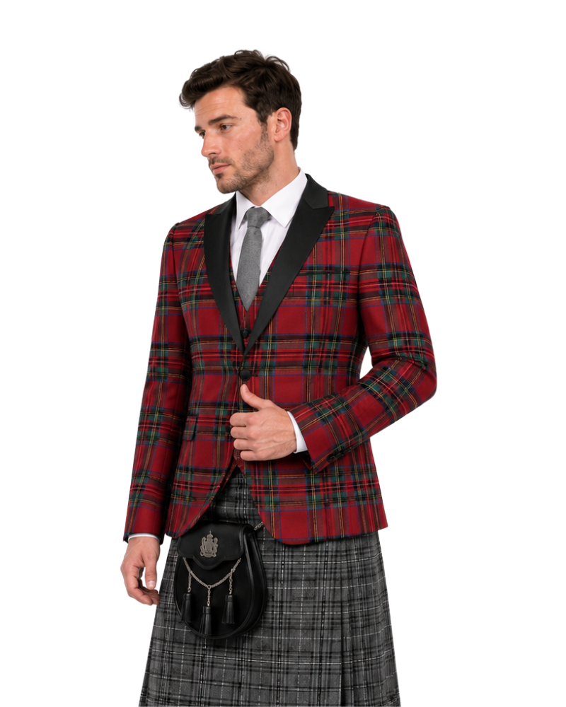 man wearing a red Royal Stewart tartan blazer with black satin shawl lapels, paired with a grey tartan kilt and a black leather sporran paired with a grey tartan kilt and a black leather sporran