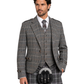 Man wearing a gray checkered suit with a kilt on a white background