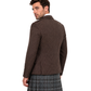 Man wearing a brown jacket and plaid kilt on a white background