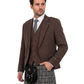 Man wearing a brown tweed jacket, vest, and plaid kilt with a sporran on a white background