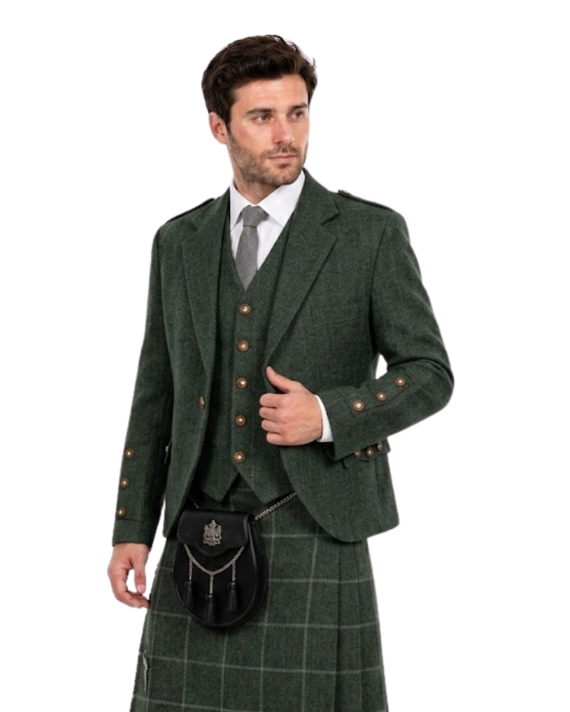 Man wearing a traditional green Scottish kilt outfit on a white background