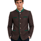 Man wearing a brown jacket with green accents on a white background