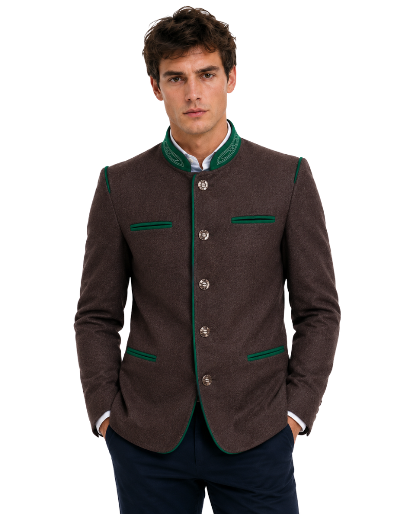 Man wearing a brown jacket with green accents on a white background