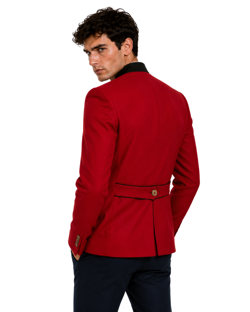 Man wearing a red jacket on a white background