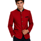 Man wearing a red blazer with black accents on a white background