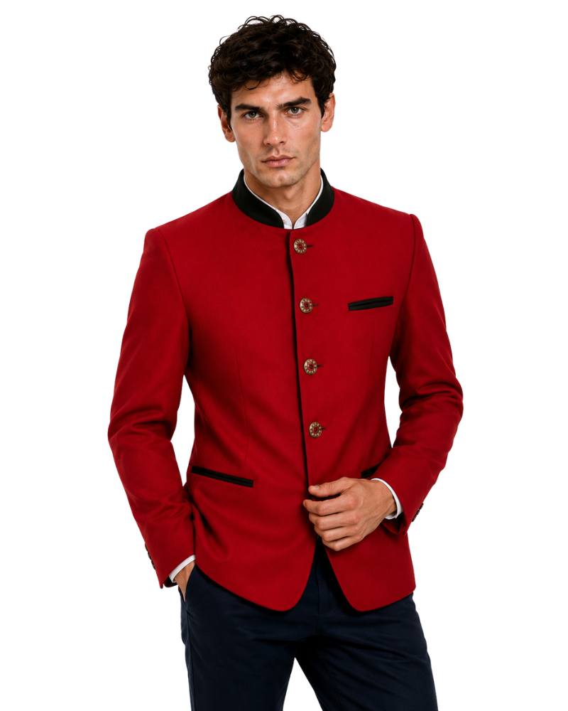 Man wearing a red blazer with black accents on a white background