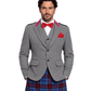 Man wearing a gray blazer, red bow tie, and blue plaid kilt on a white background