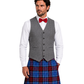 Man wearing a gray vest, white shirt, red bow tie, and blue plaid kilt on a white background