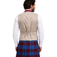 Man wearing a beige waistcoat over a white shirt with a blue plaid kilt on a white background