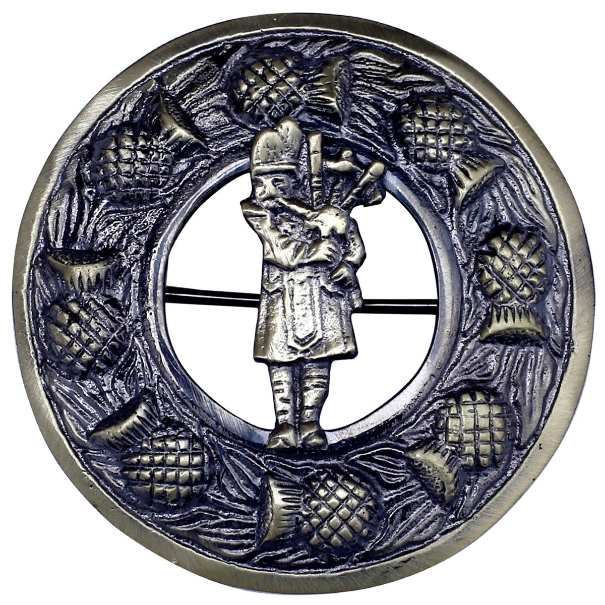 Bagpiper Man Badge Antique Kilt Fly Plaid Brooch