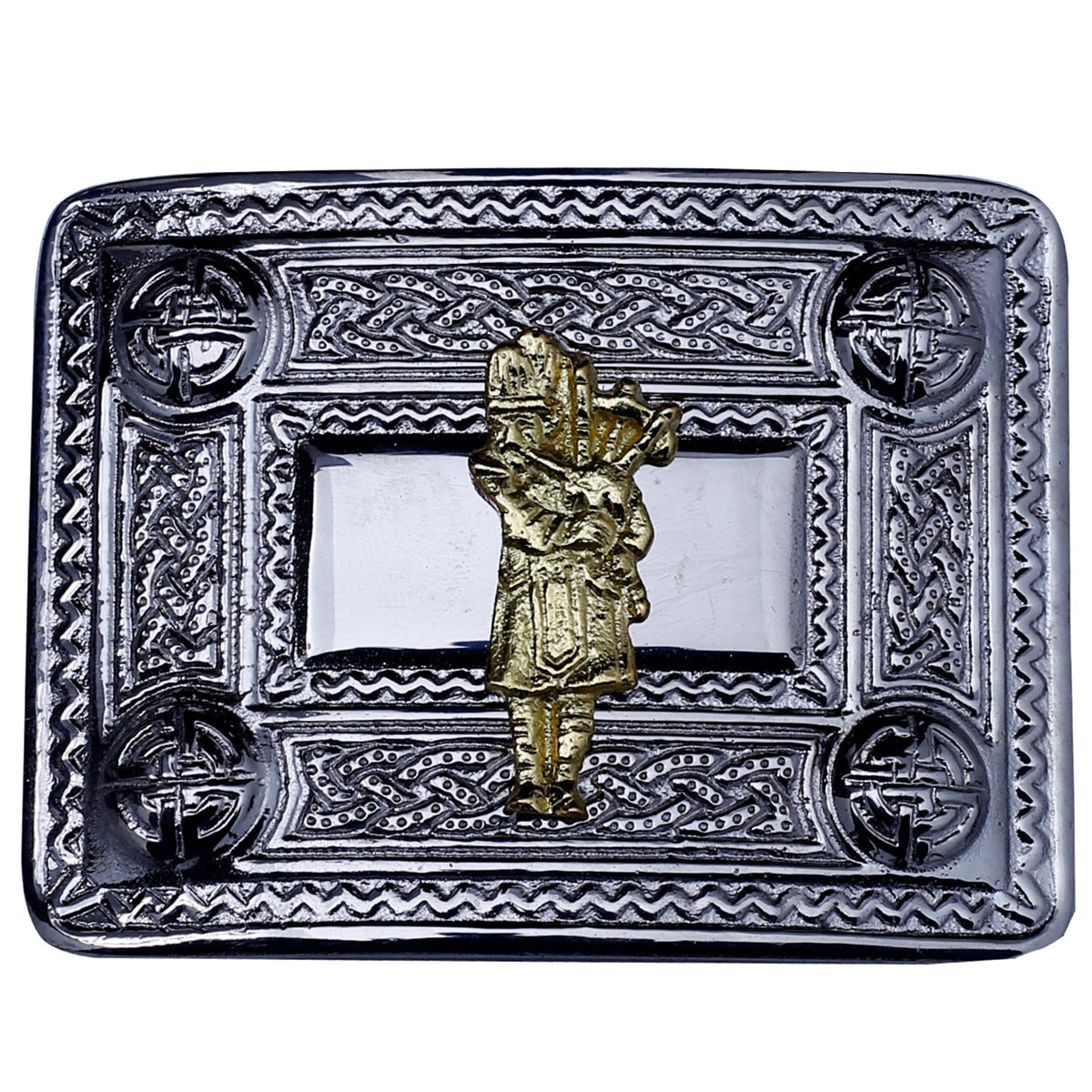 Bagpiper Man Kilt Belt Buckle Chrome with Golden Badge