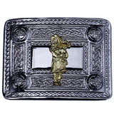 Bagpiper Man Kilt Belt Buckle Chrome with Golden Badge