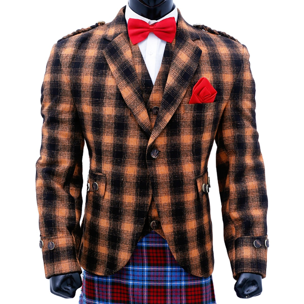 Black and Orange Tweed Argyle Jacket with Vest Photo