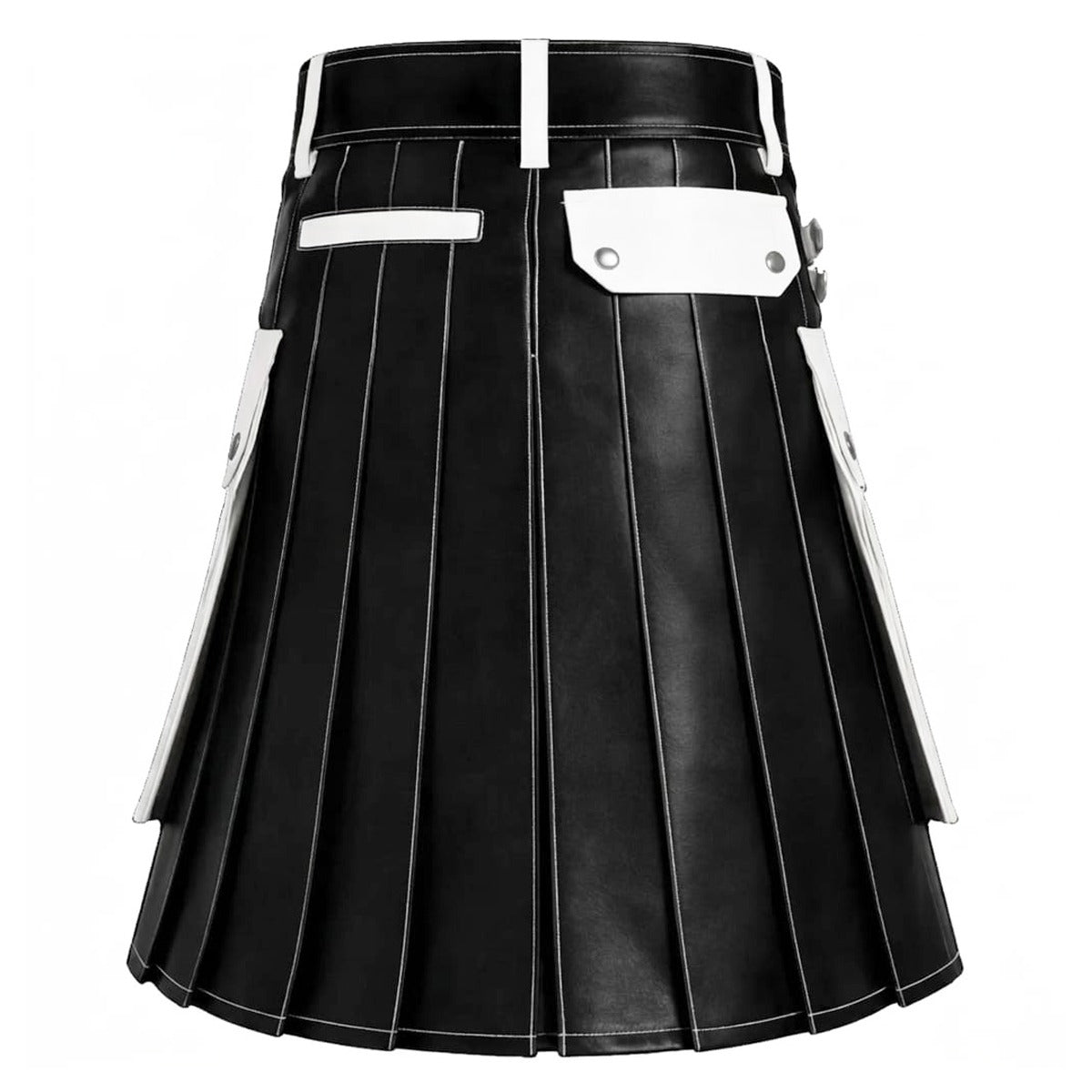 Black and White Leather Utility Kilt with Cargo Pockets Back