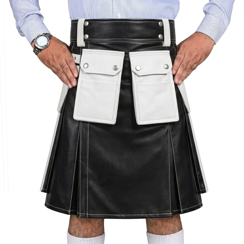 Black and White Leather Utility Kilt with Cargo Pockets