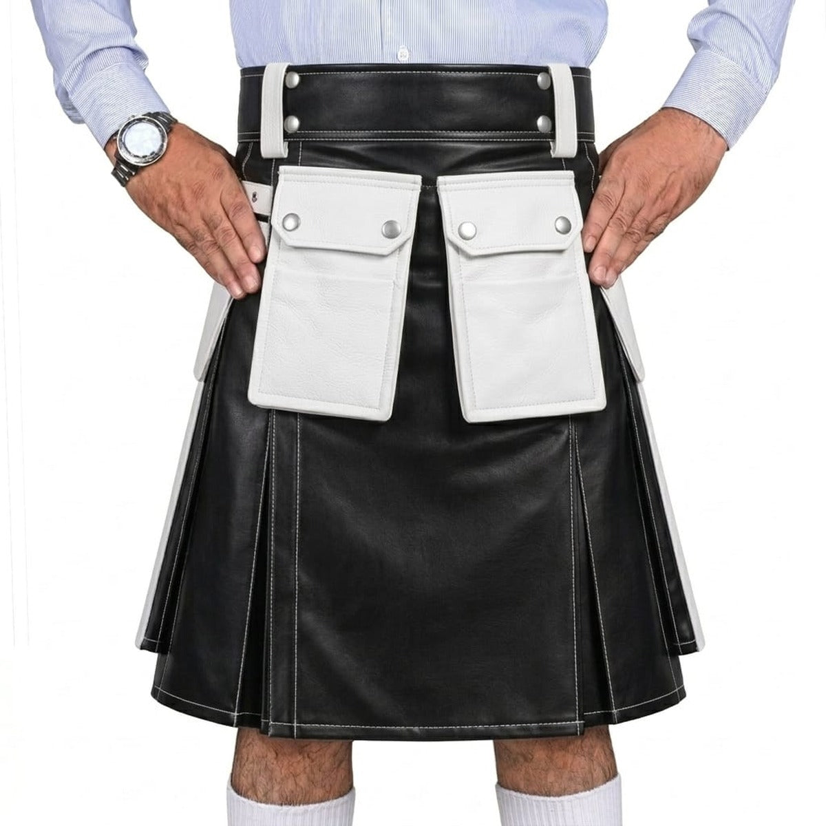 Black and White Leather Utility Kilt with Cargo Pockets