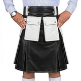Black and White Leather Utility Kilt with Cargo Pockets