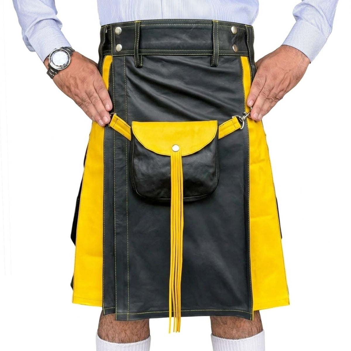 Black and Yellow Leather Hybrid Utility Kilt