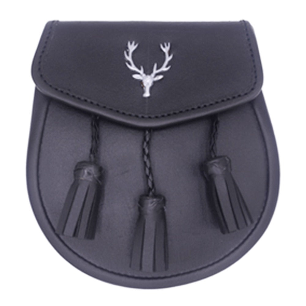 Black Classic Stag Head Genuine Leather Sporran