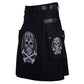 Black Cotton Skull and Bones Gothic Kilt with Leather Straps Left