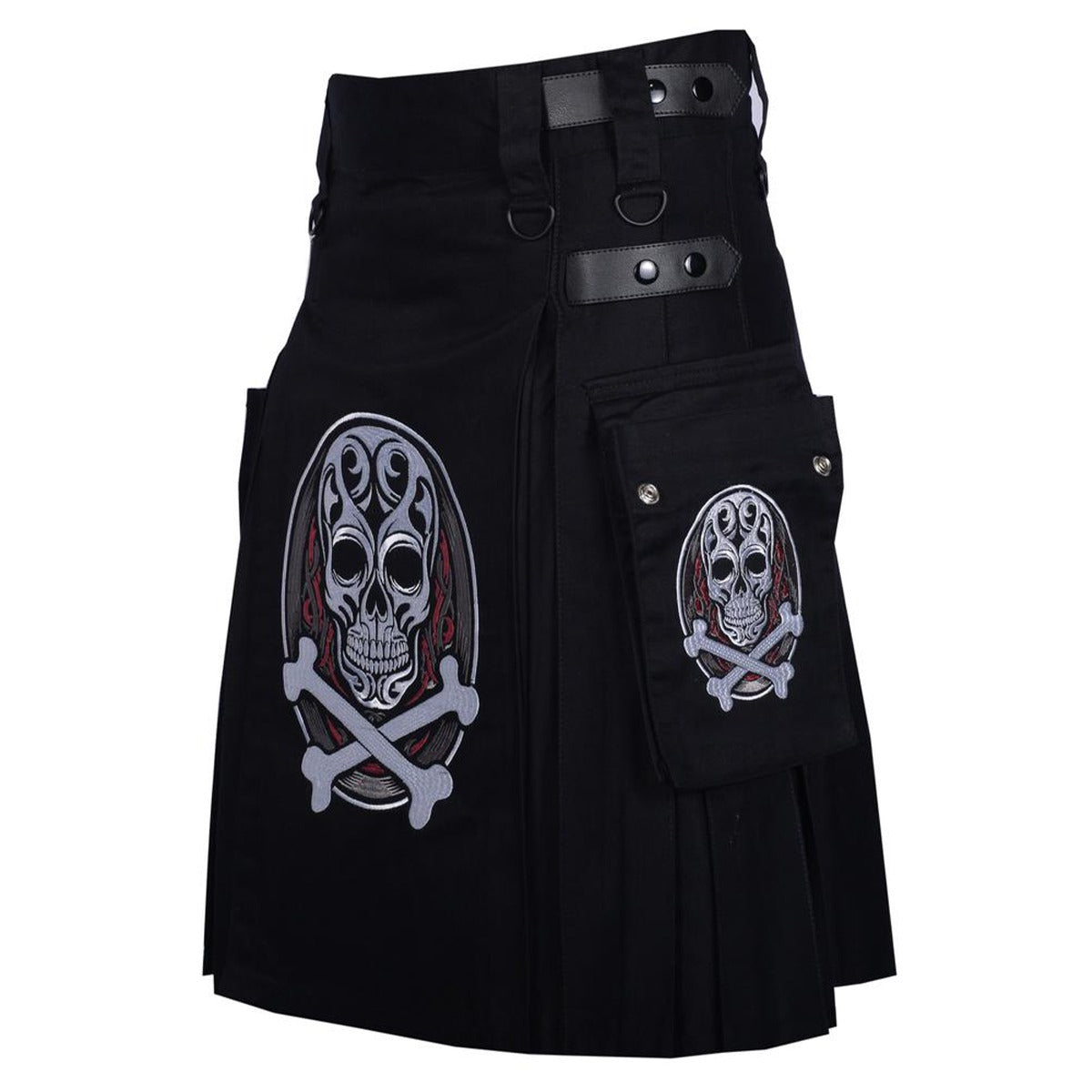 Black Cotton Skull and Bones Gothic Kilt with Leather Straps Left