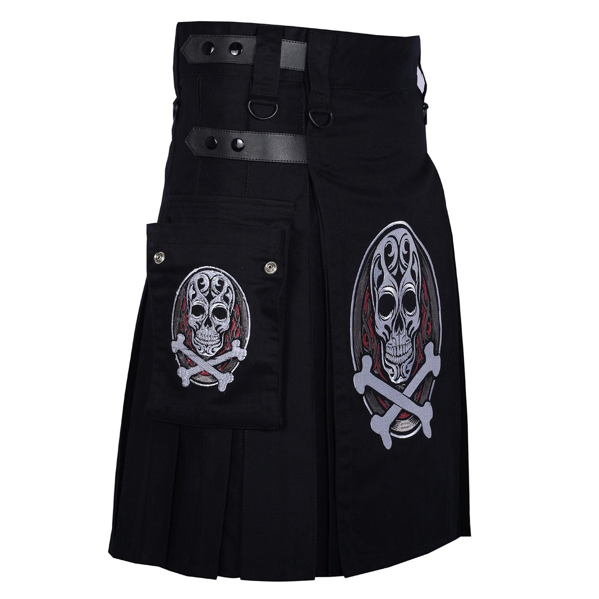 Black Cotton Skull and Bones Gothic Kilt with Leather Straps Right
